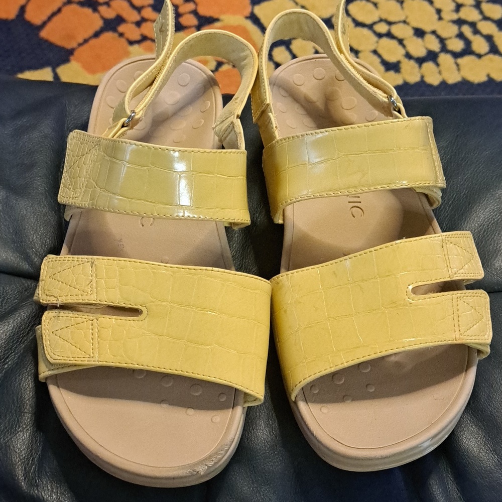 Vionic Roma Sling Back Wedge Heeled Croc-Embossed Sandals Yellow Croc-Embossed